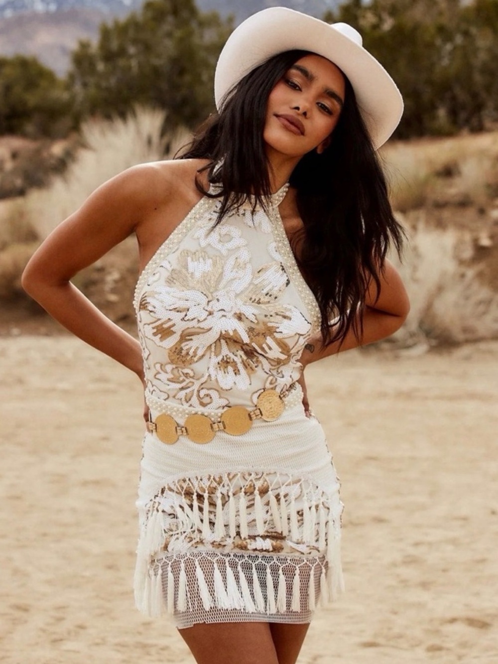 12th Tribe White and Gold Embellished Halter Mini Dress- Ella Langley Inspired